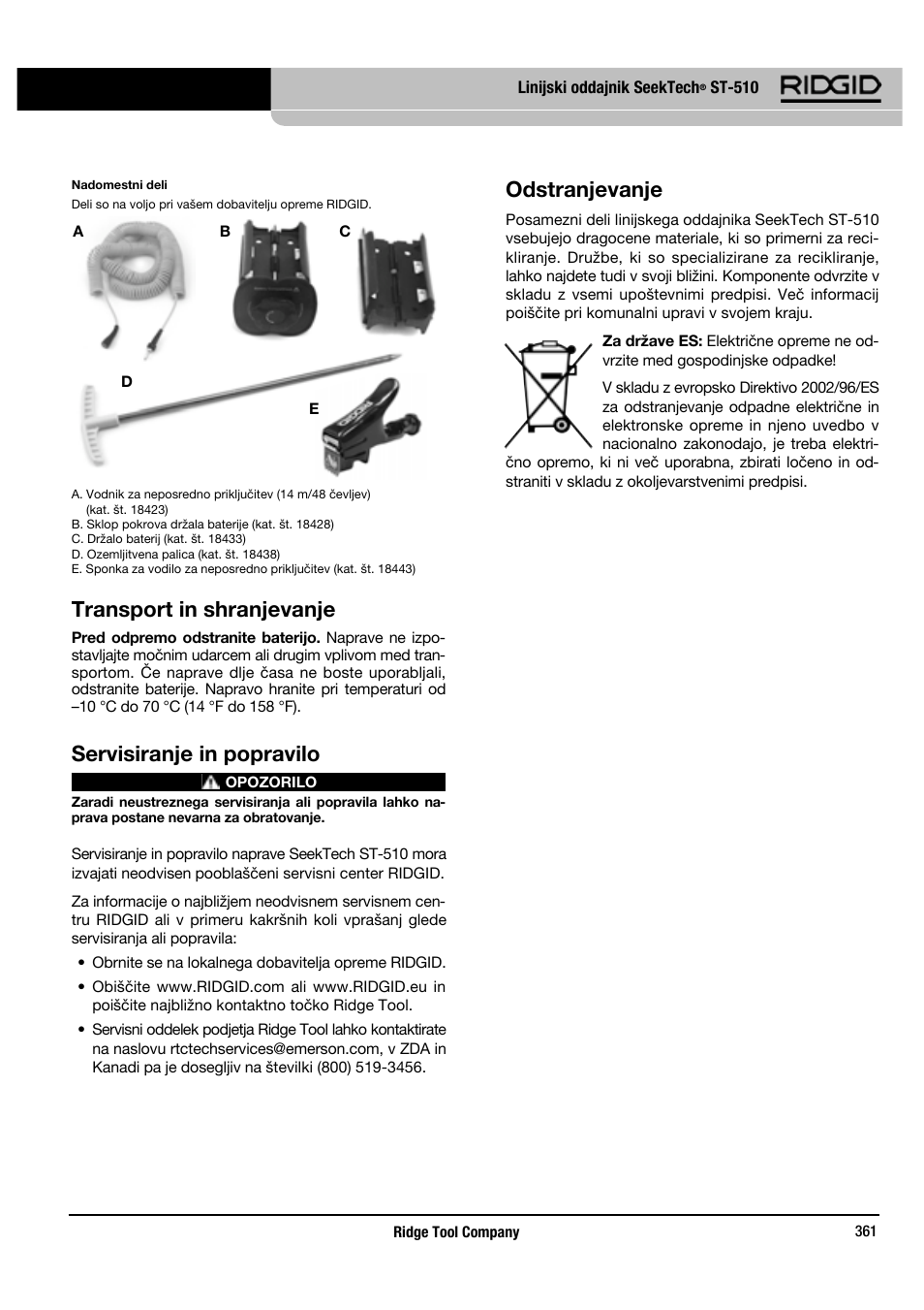 Transport in shranjevanje, Servisiranje in popravilo, Odstranjevanje | RIDGID SeekTech ST-510 User Manual | Page 363 / 403