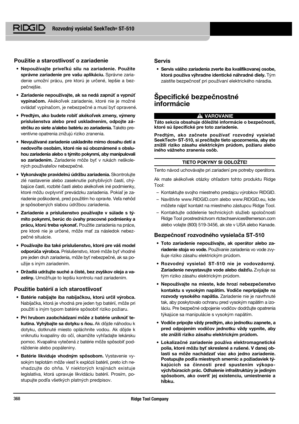 Špecifické bezpečnostné informácie | RIDGID SeekTech ST-510 User Manual | Page 370 / 403