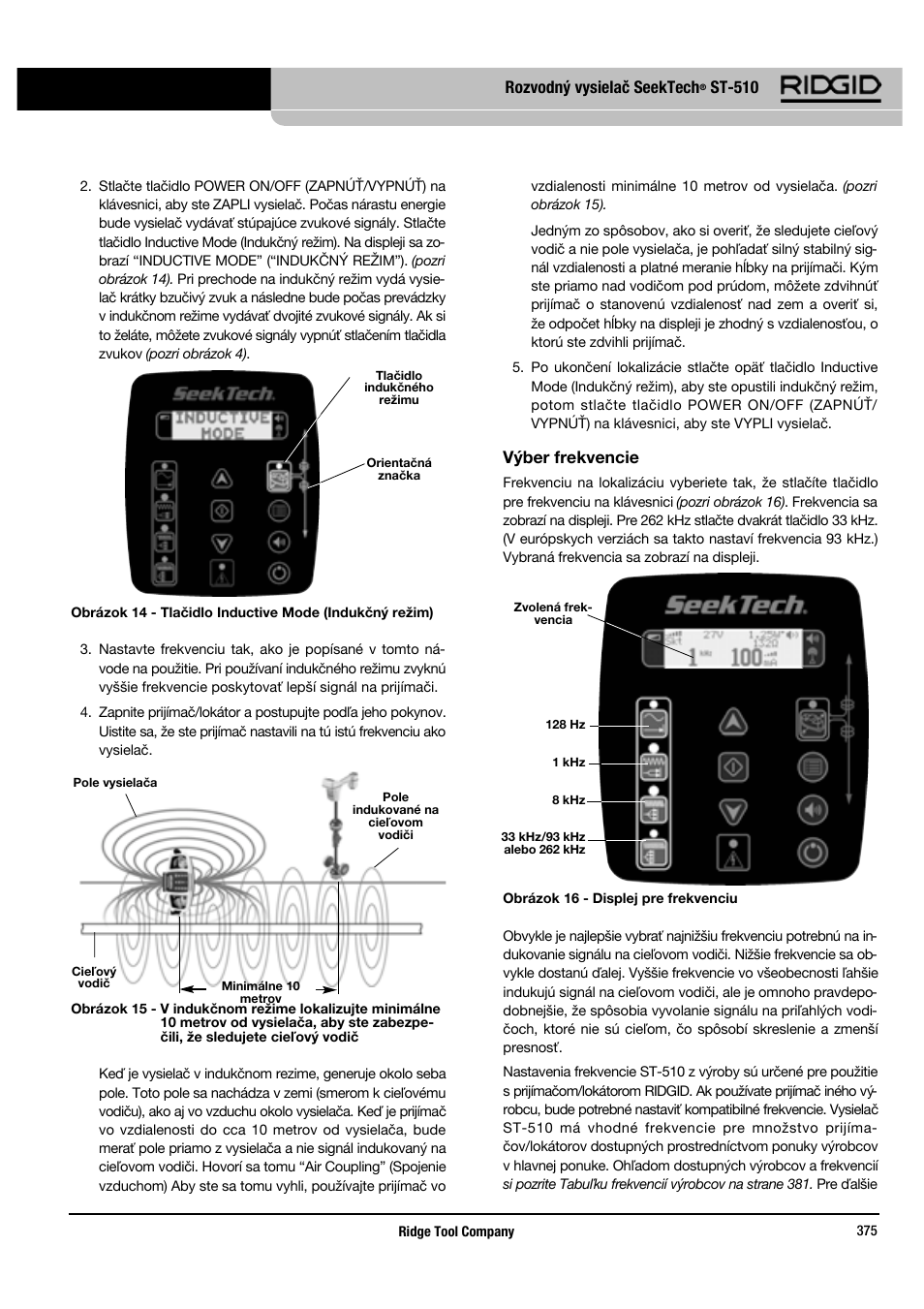 Rozvodný vysielač seektech, St-510, Výber frekvencie | RIDGID SeekTech ST-510 User Manual | Page 377 / 403