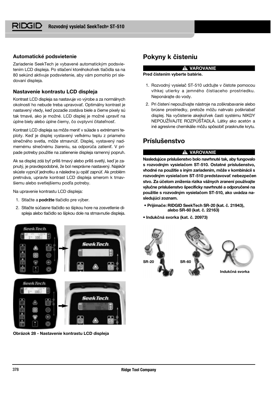 Pokyny k čisteniu, Príslušenstvo | RIDGID SeekTech ST-510 User Manual | Page 380 / 403