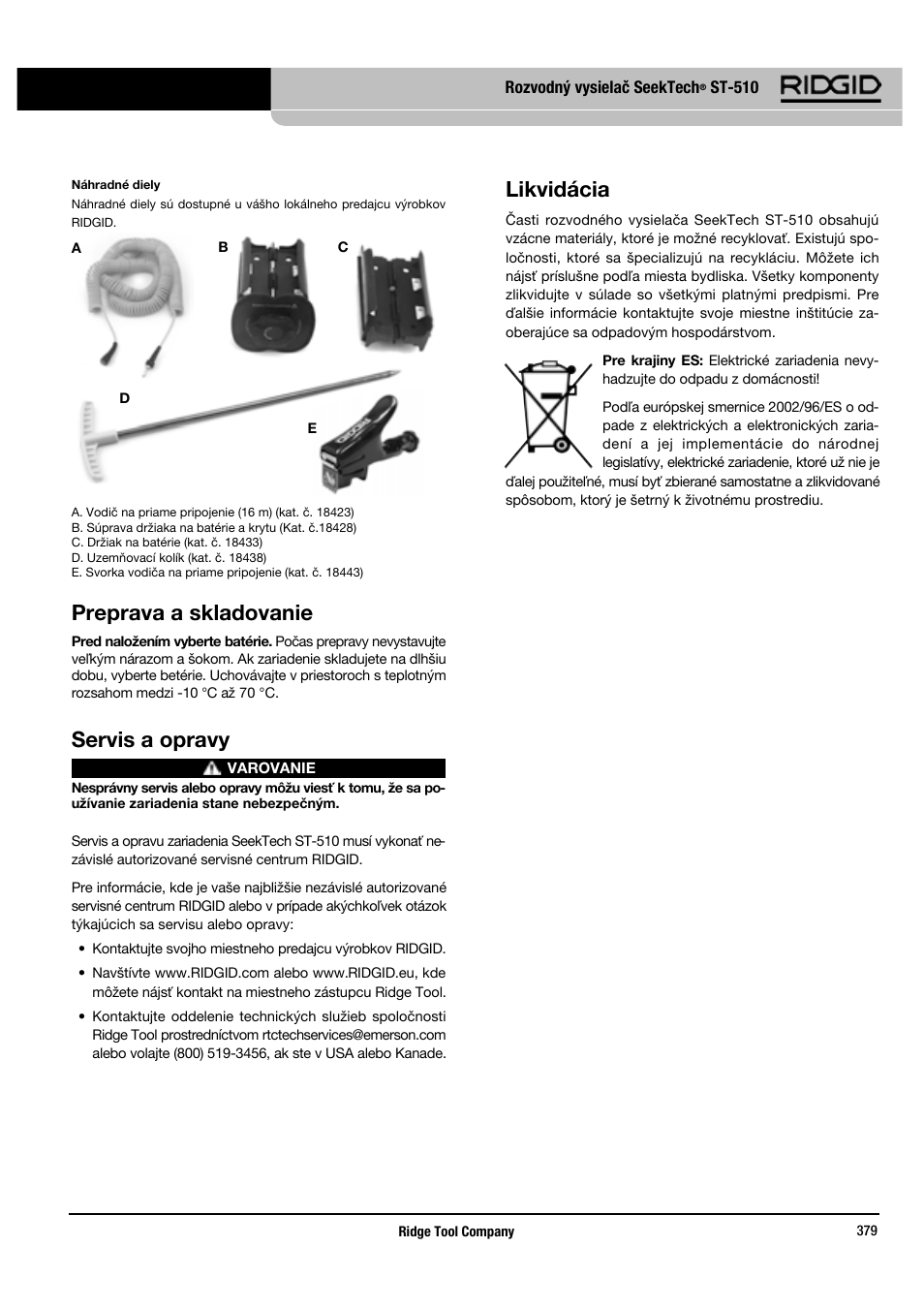 Preprava a skladovanie, Servis a opravy, Likvidácia | RIDGID SeekTech ST-510 User Manual | Page 381 / 403