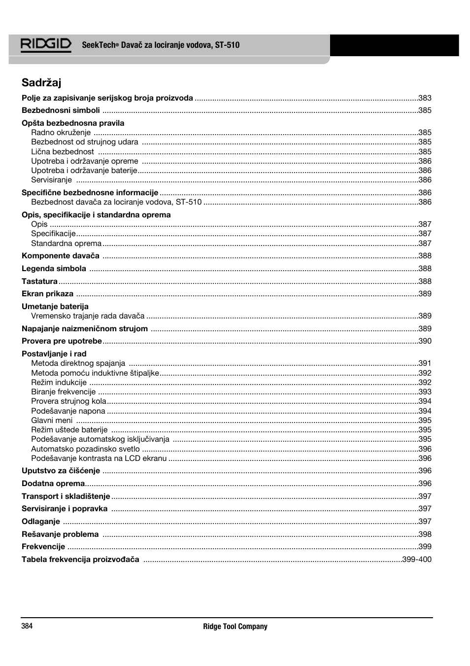 Sadržaj | RIDGID SeekTech ST-510 User Manual | Page 386 / 403