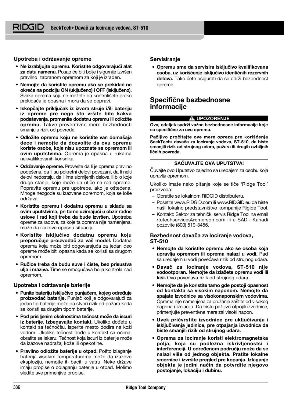 Specifične bezbednosne informacije | RIDGID SeekTech ST-510 User Manual | Page 388 / 403