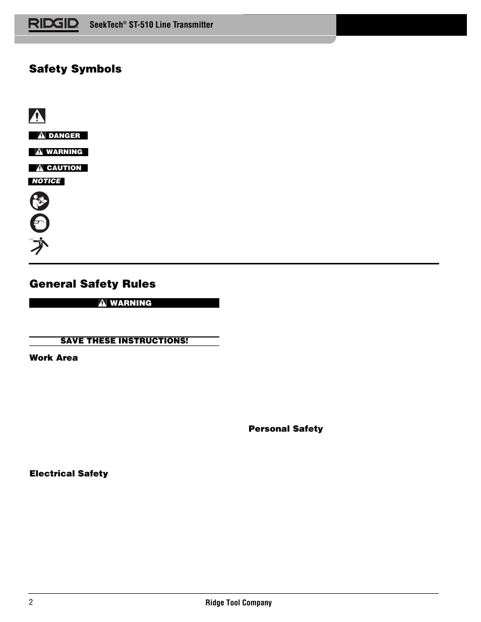 General safety rules, Safety symbols | RIDGID SeekTech ST-510 User Manual | Page 4 / 403