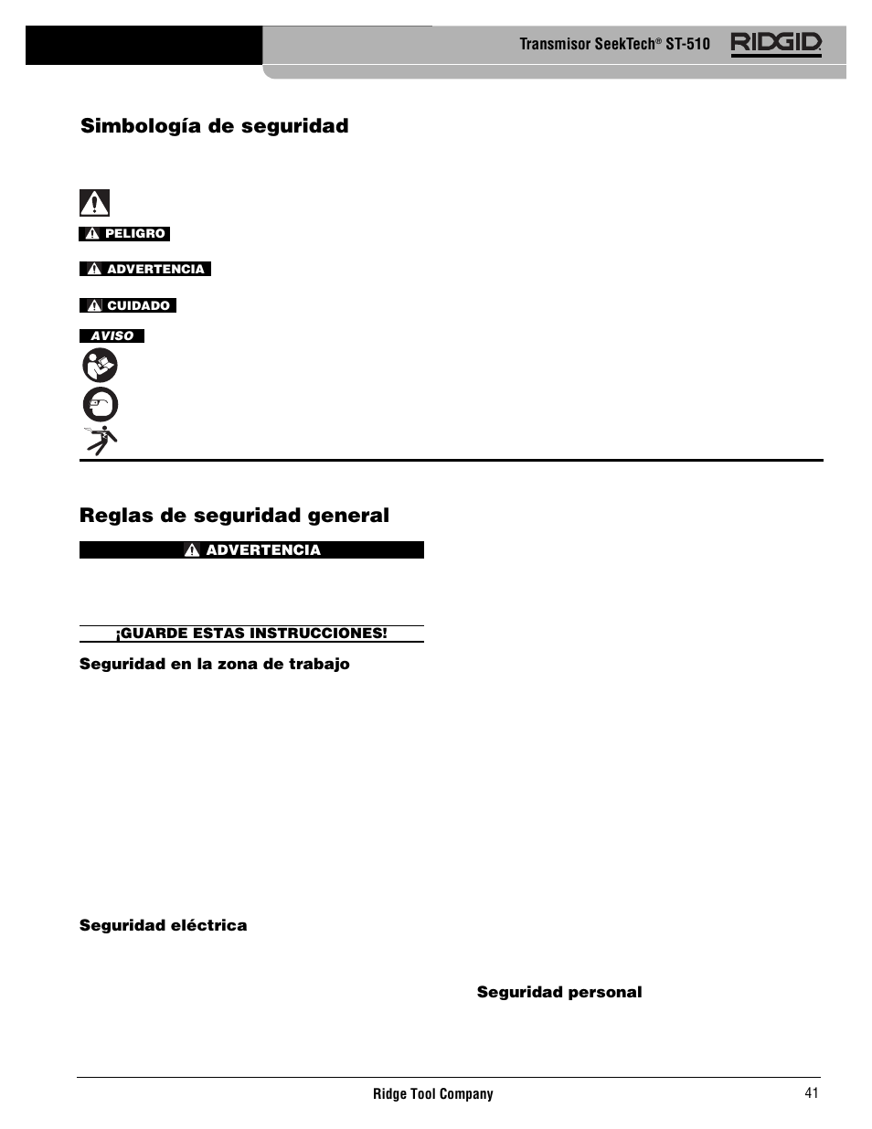 Reglas de seguridad general, Simbología de seguridad | RIDGID SeekTech ST-510 User Manual | Page 43 / 403