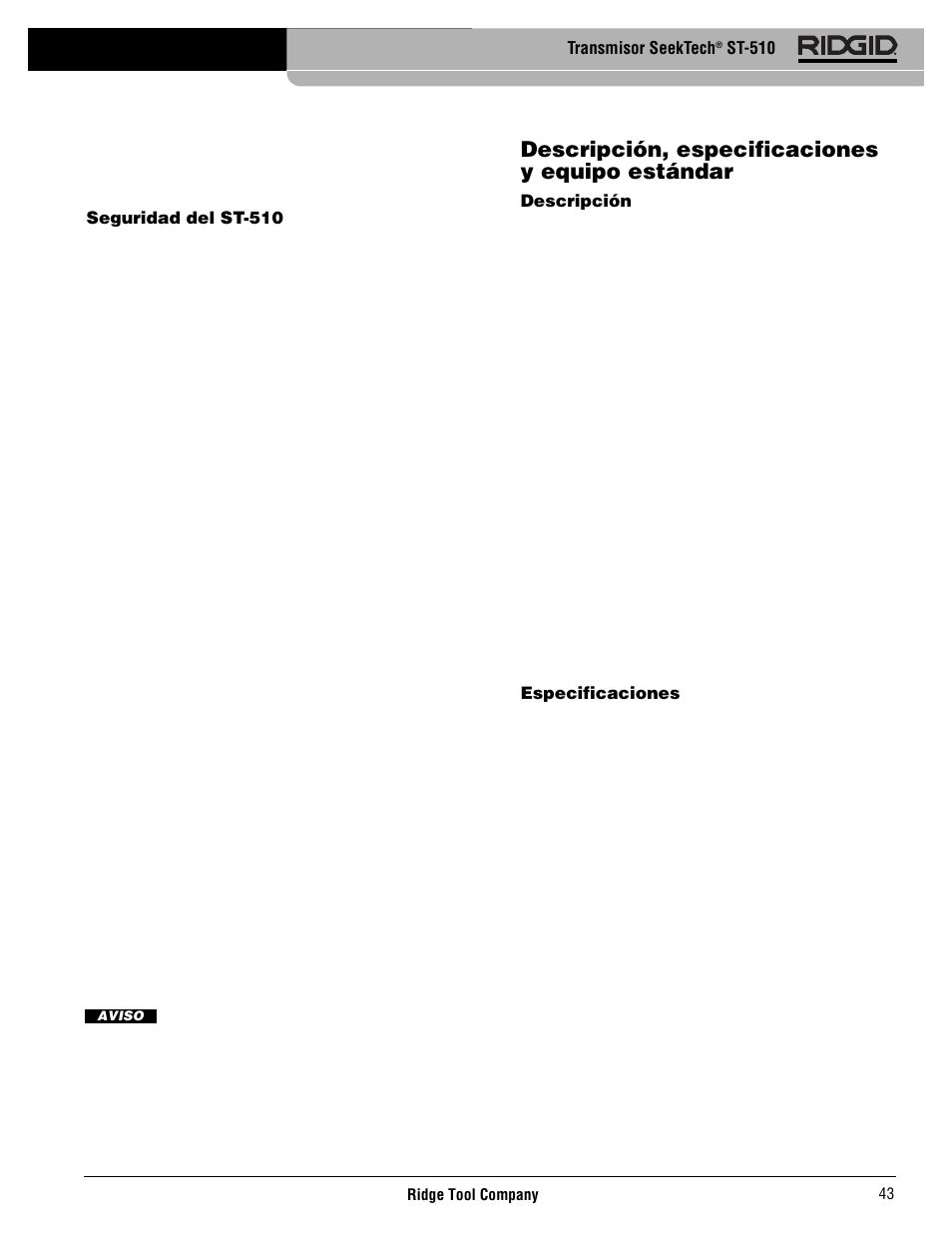 Descripción, especificaciones y equipo estándar | RIDGID SeekTech ST-510 User Manual | Page 45 / 403