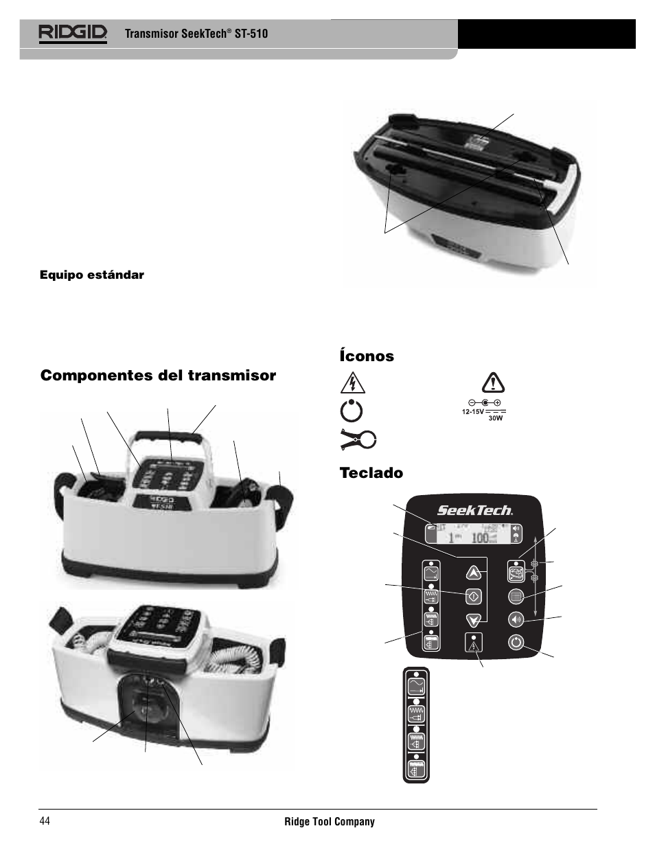 Componentes del transmisor, Íconos, Teclado | Transmisor seektech, St-510, Equipo estándar | RIDGID SeekTech ST-510 User Manual | Page 46 / 403