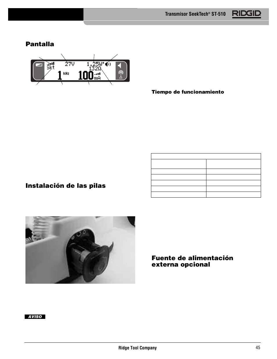 Instalación de las pilas, Pantalla, Fuente de alimentación externa opcional | RIDGID SeekTech ST-510 User Manual | Page 47 / 403