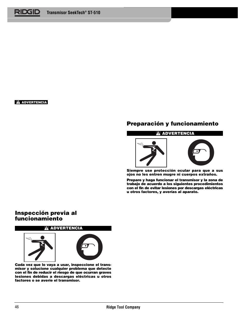 Preparación y funcionamiento, Inspección previa al funcionamiento | RIDGID SeekTech ST-510 User Manual | Page 48 / 403