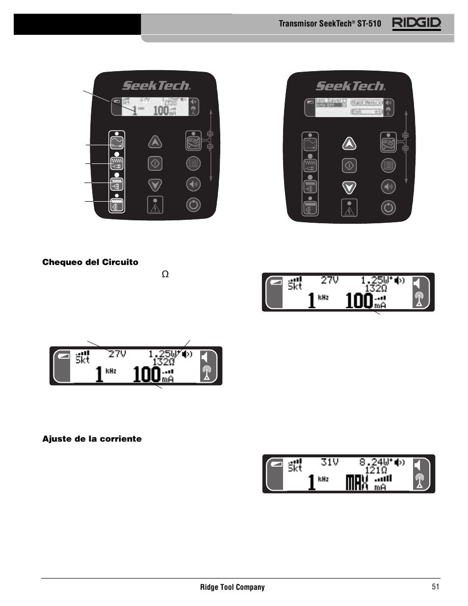 Transmisor seektech, St-510, Chequeo del circuito | Ajuste de la corriente | RIDGID SeekTech ST-510 User Manual | Page 53 / 403