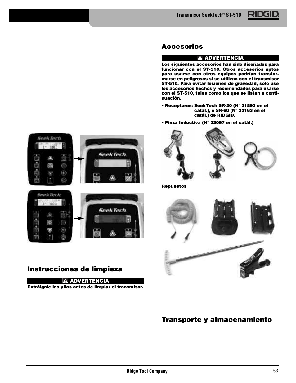 Instrucciones de limpieza, Accesorios, Transporte y almacenamiento | RIDGID SeekTech ST-510 User Manual | Page 55 / 403