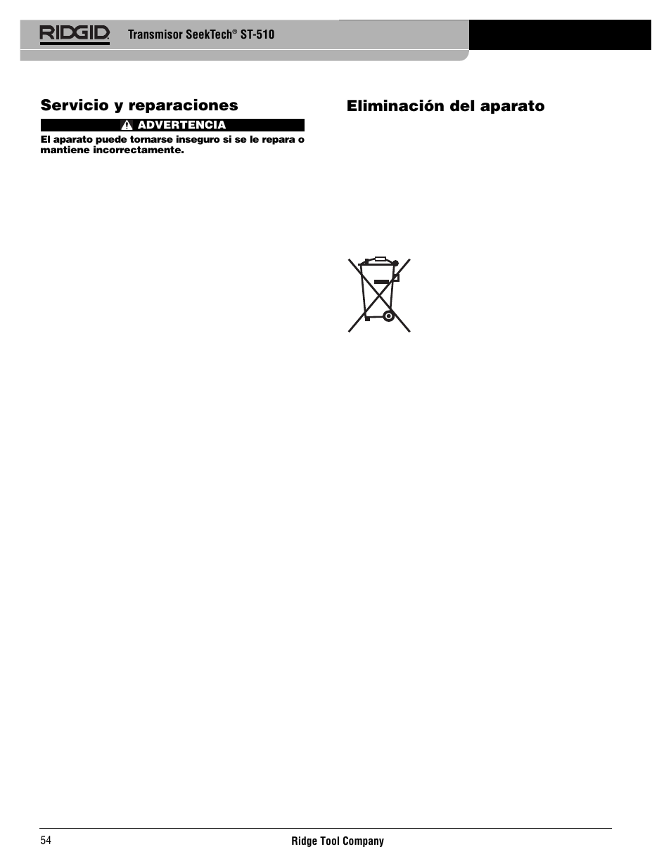 Eliminación del aparato, Servicio y reparaciones | RIDGID SeekTech ST-510 User Manual | Page 56 / 403