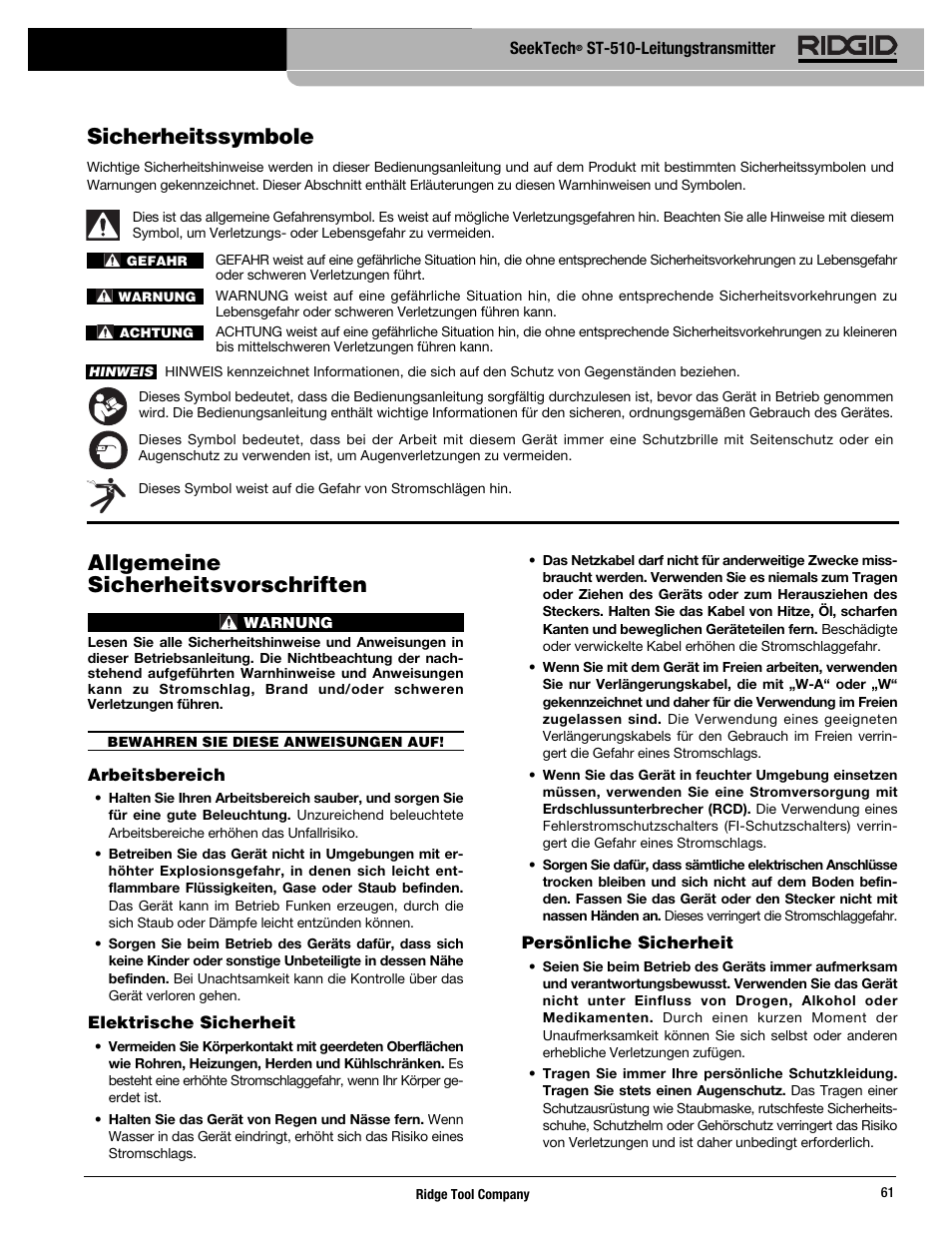 Allgemeine sicherheitsvorschriften, Sicherheitssymbole | RIDGID SeekTech ST-510 User Manual | Page 63 / 403