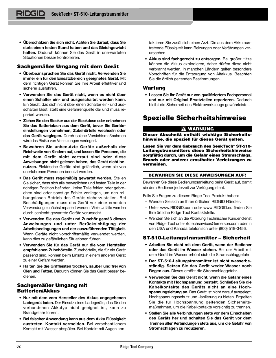 Spezielle sicherheitshinweise | RIDGID SeekTech ST-510 User Manual | Page 64 / 403