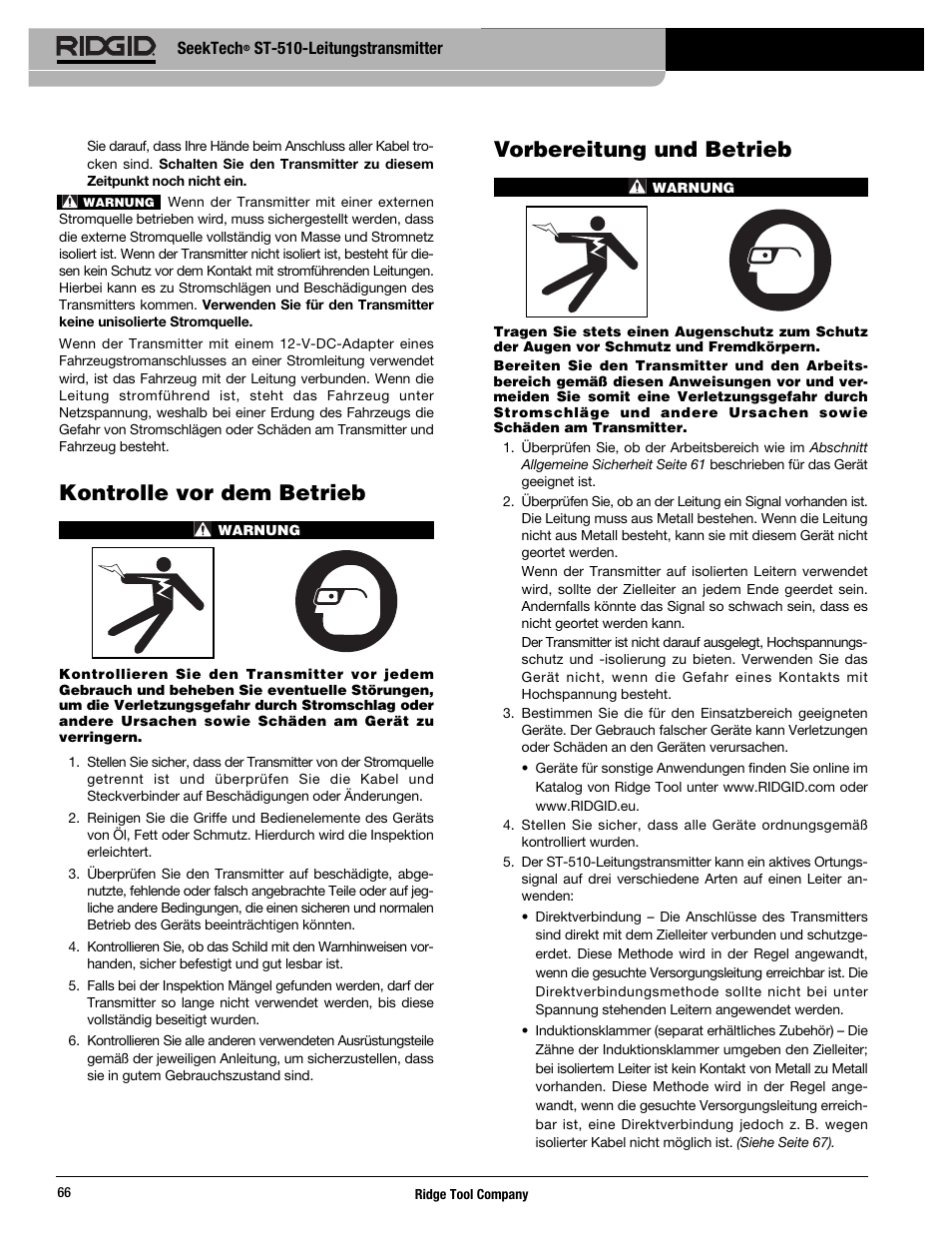 Kontrolle vor dem betrieb, Vorbereitung und betrieb | RIDGID SeekTech ST-510 User Manual | Page 68 / 403