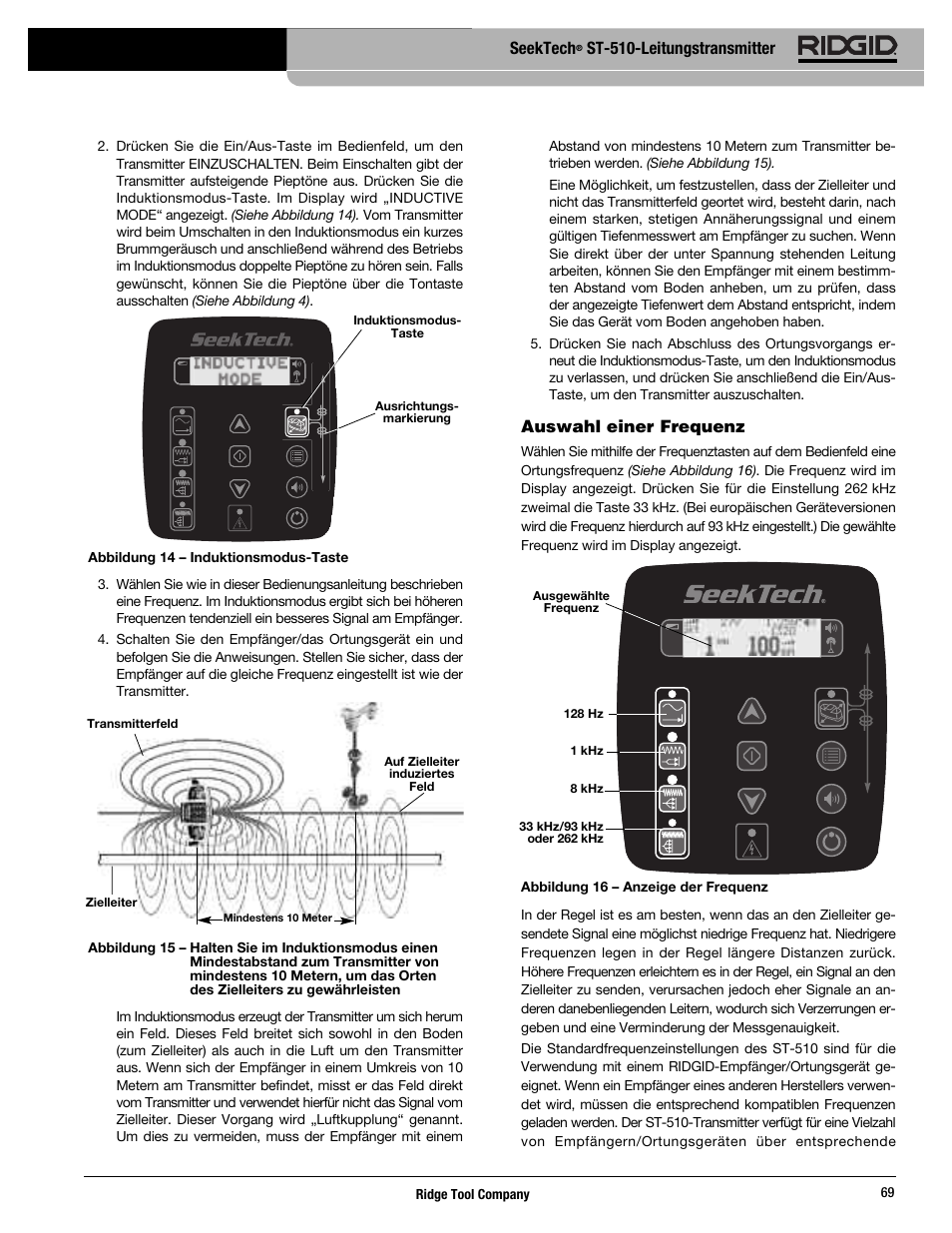 Seektech, St-510-leitungstransmitter, Auswahl einer frequenz | RIDGID SeekTech ST-510 User Manual | Page 71 / 403