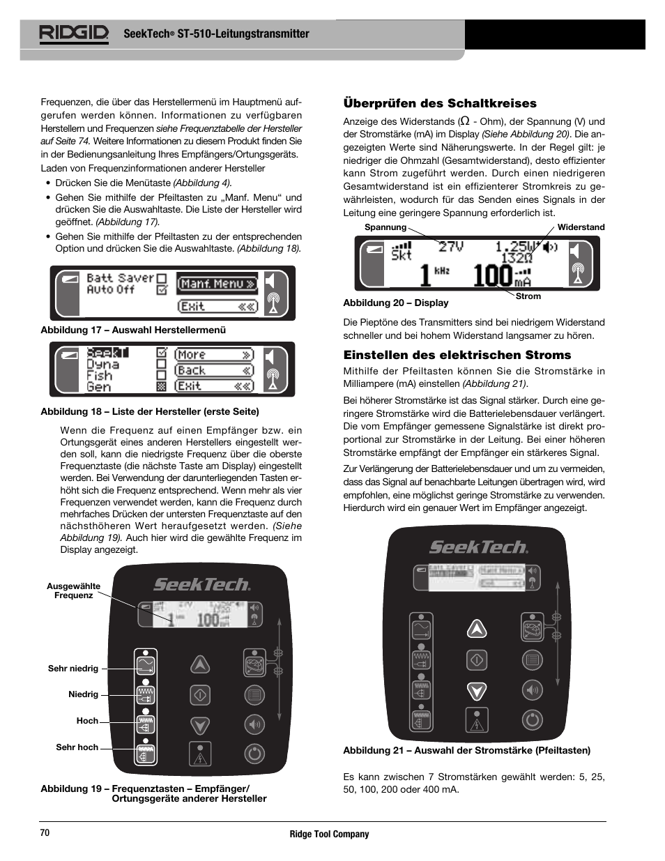 Seektech, St-510-leitungstransmitter, Überprüfen des schaltkreises | Einstellen des elektrischen stroms | RIDGID SeekTech ST-510 User Manual | Page 72 / 403
