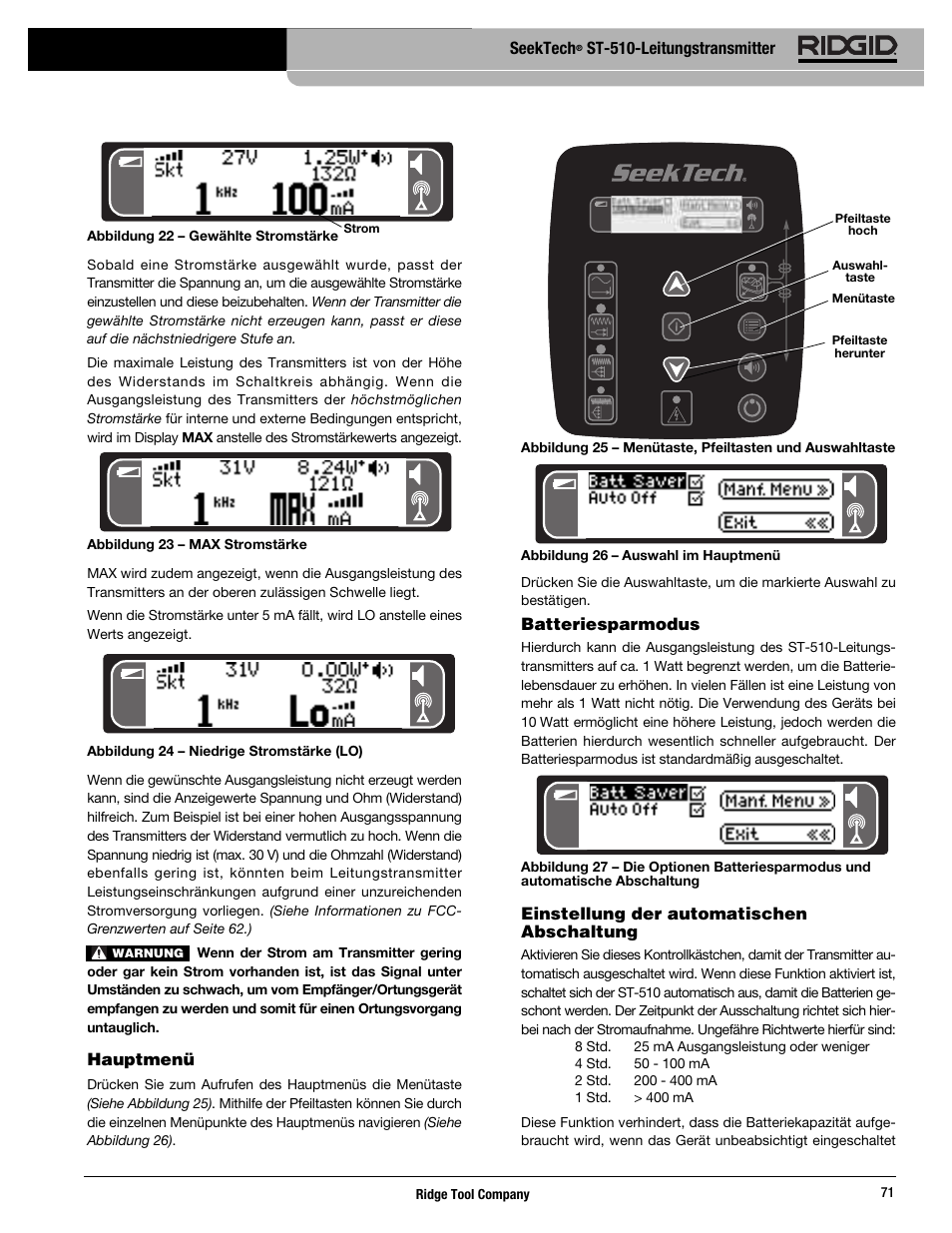 Seektech, St-510-leitungstransmitter, Hauptmenü | Batteriesparmodus, Einstellung der automatischen abschaltung | RIDGID SeekTech ST-510 User Manual | Page 73 / 403