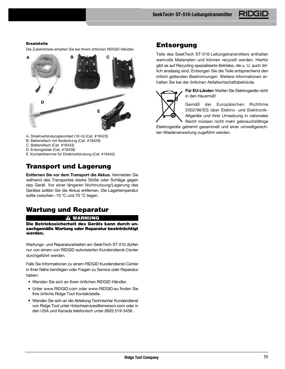 Transport und lagerung, Wartung und reparatur, Entsorgung | RIDGID SeekTech ST-510 User Manual | Page 75 / 403
