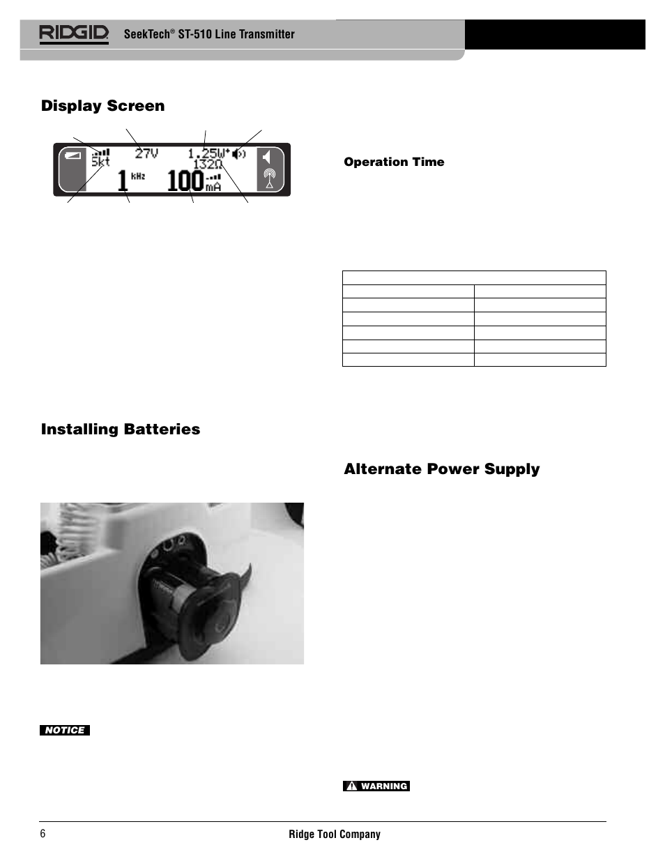 Installing batteries, Alternate power supply, Display screen | RIDGID SeekTech ST-510 User Manual | Page 8 / 403