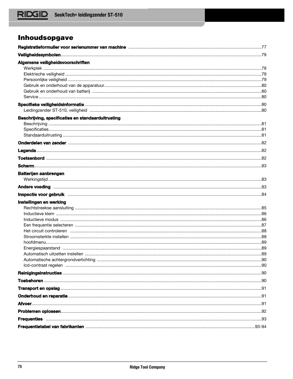 Inhoudsopgave | RIDGID SeekTech ST-510 User Manual | Page 80 / 403