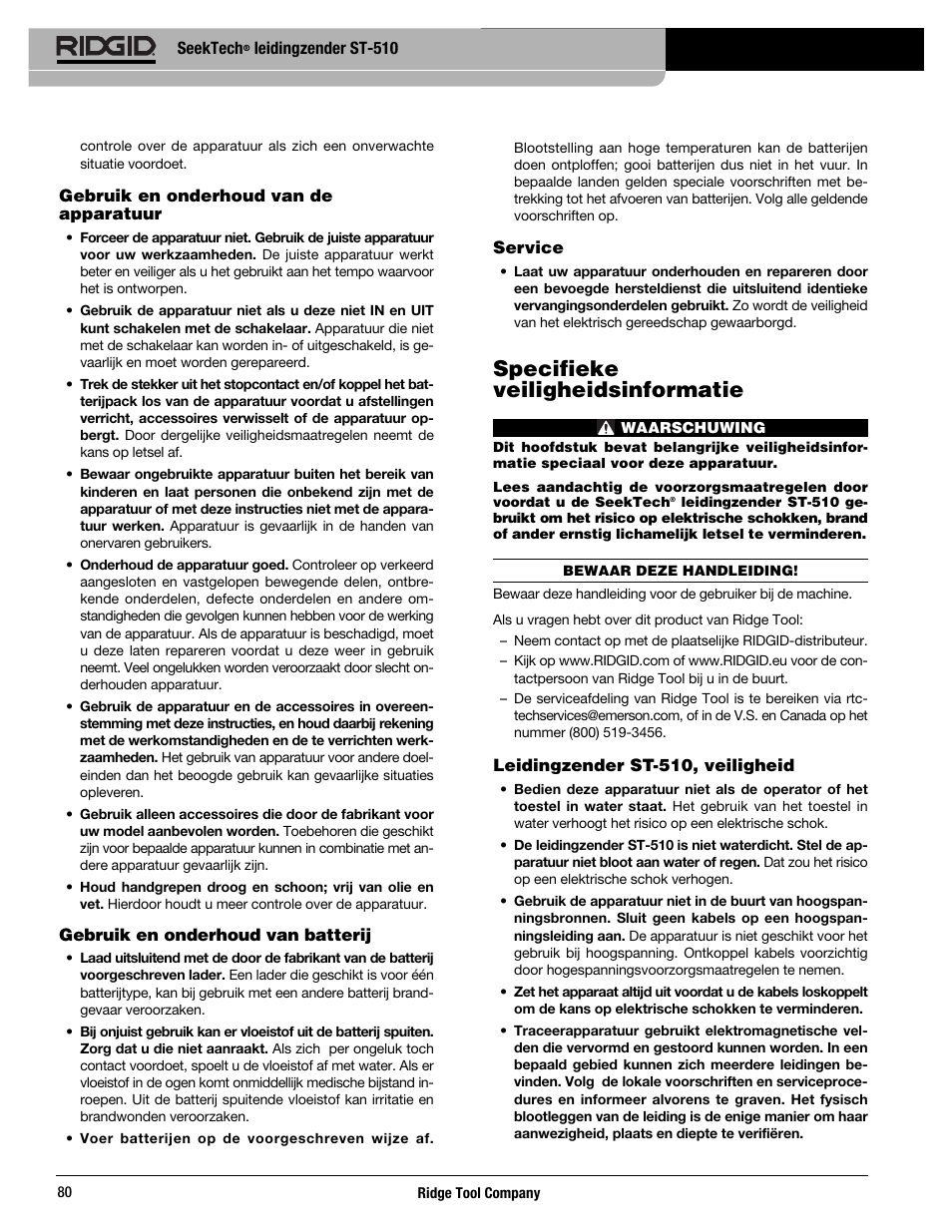 Specifieke veiligheidsinformatie | RIDGID SeekTech ST-510 User Manual | Page 82 / 403