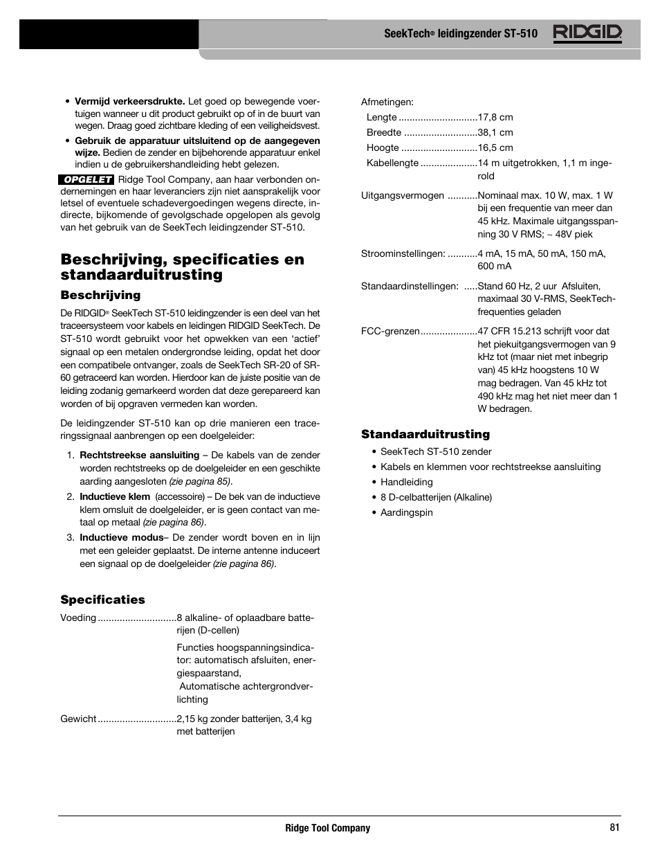 Beschrijving, specificaties en standaarduitrusting | RIDGID SeekTech ST-510 User Manual | Page 83 / 403