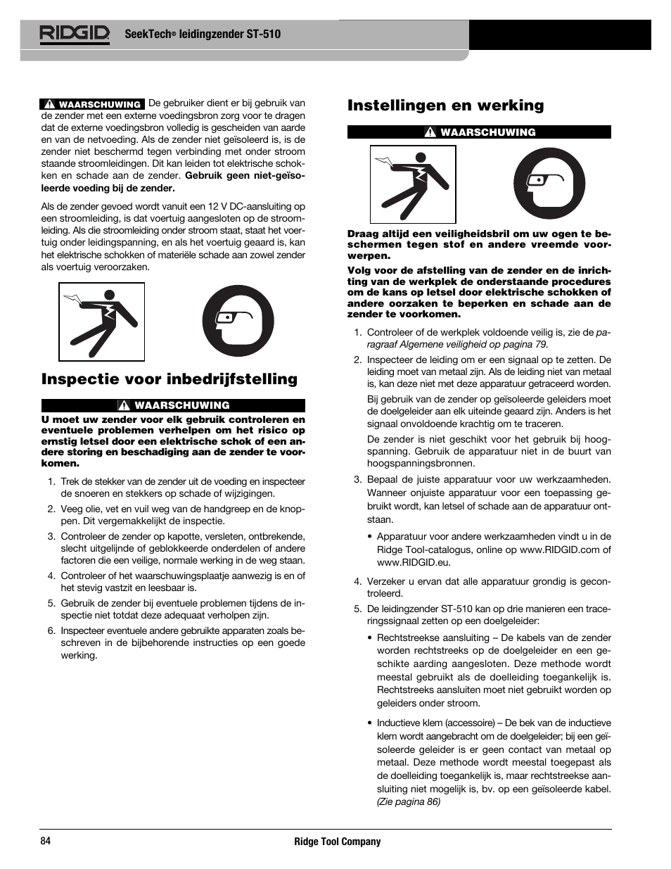 Inspectie voor inbedrijfstelling, Instellingen en werking | RIDGID SeekTech ST-510 User Manual | Page 86 / 403