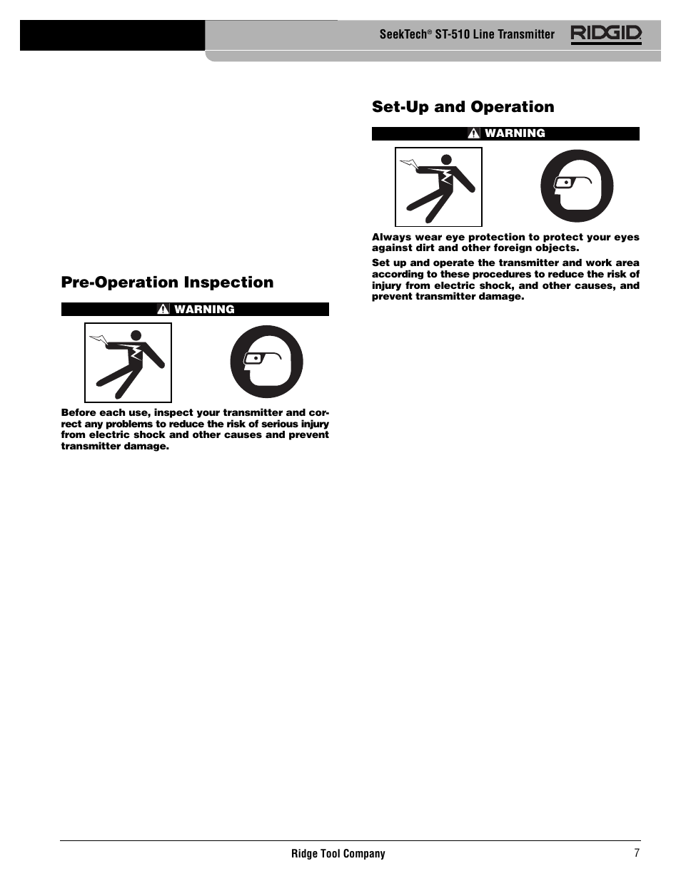 Pre-operation inspection, Set-up and operation | RIDGID SeekTech ST-510 User Manual | Page 9 / 403