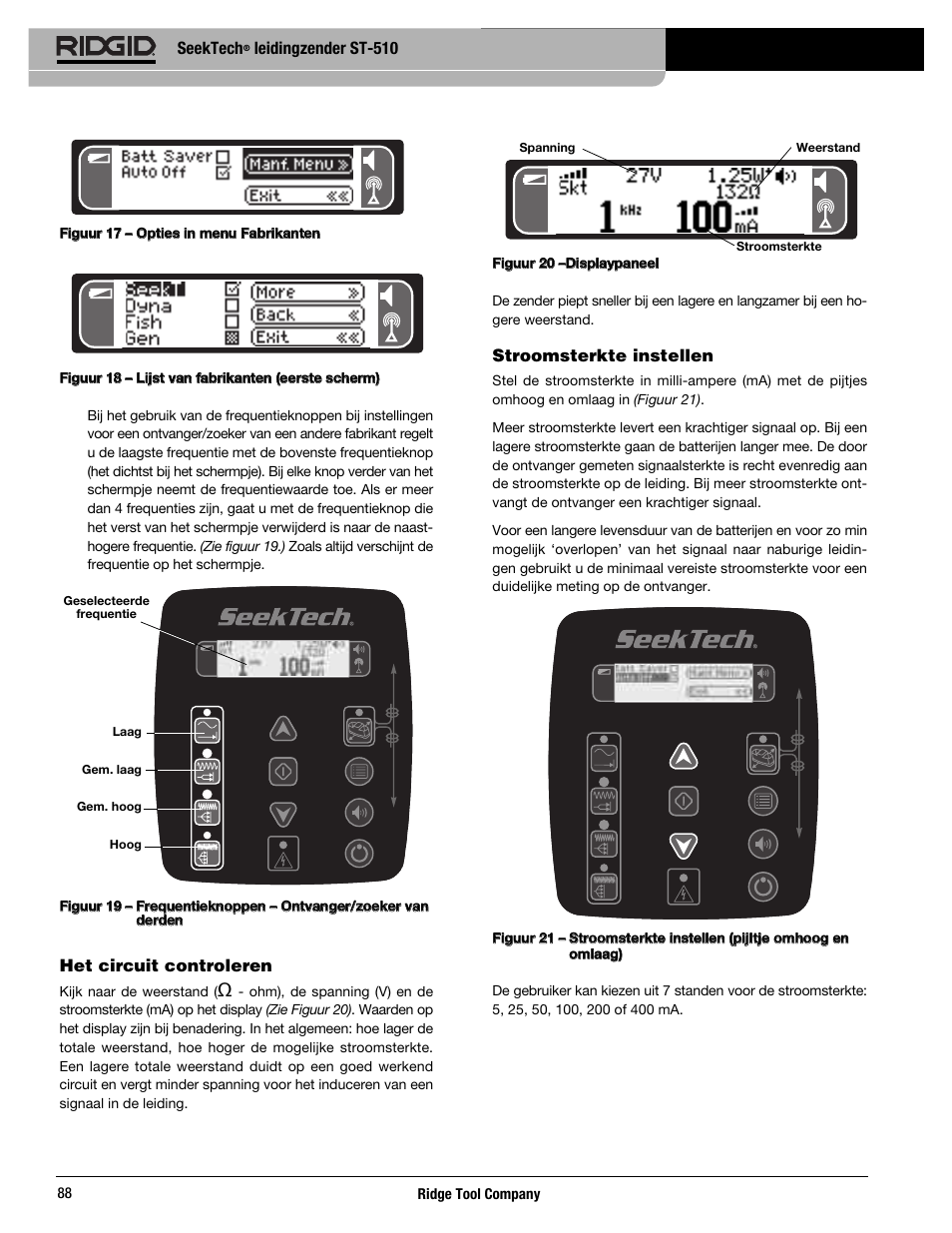 Seektech, Leidingzender st-510, Het circuit controleren | Stroomsterkte instellen | RIDGID SeekTech ST-510 User Manual | Page 90 / 403