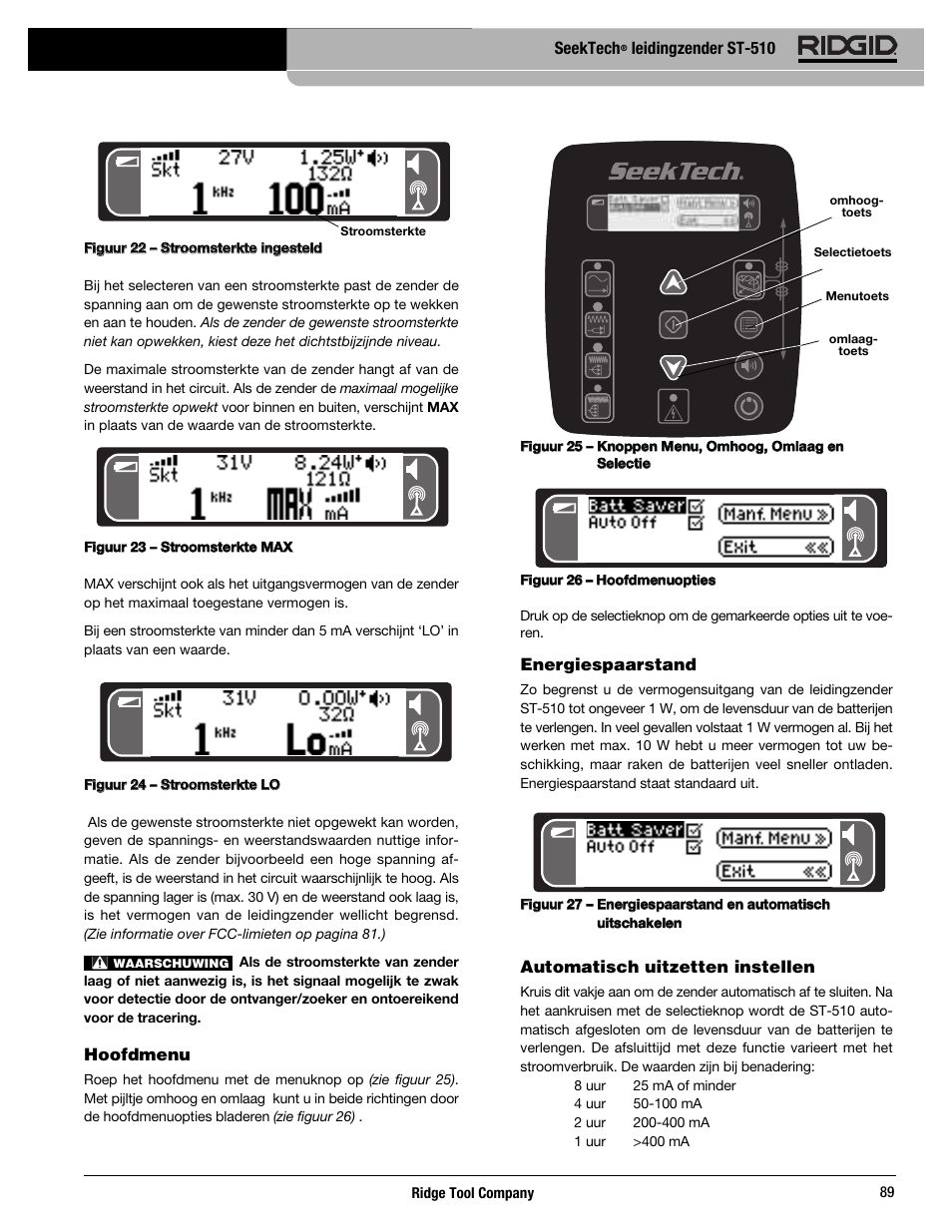 Seektech, Leidingzender st-510, Hoofdmenu | Energiespaarstand, Automatisch uitzetten instellen | RIDGID SeekTech ST-510 User Manual | Page 91 / 403