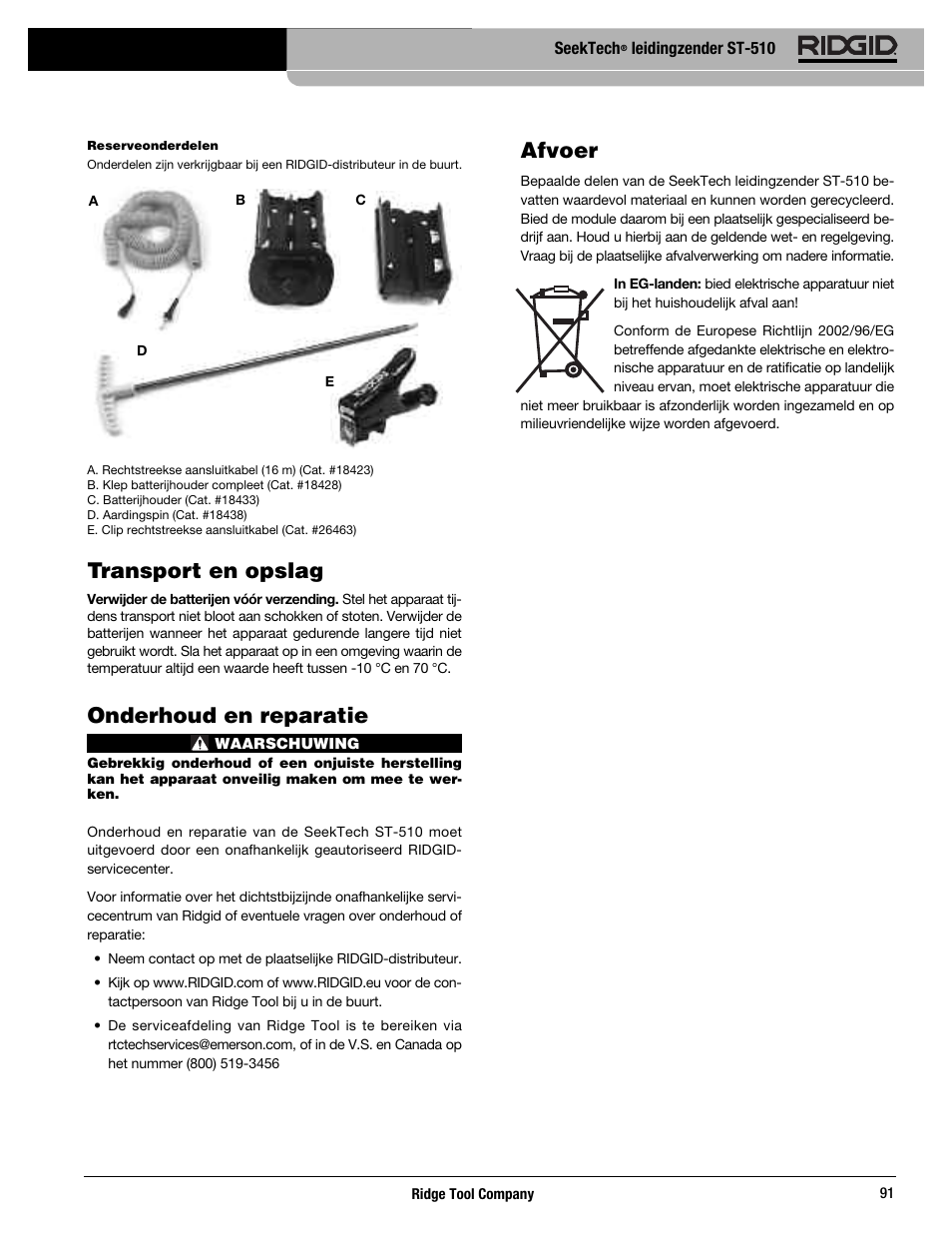 Transport en opslag, Onderhoud en reparatie, Afvoer | RIDGID SeekTech ST-510 User Manual | Page 93 / 403