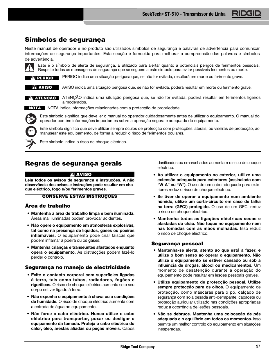Regras de segurança gerais, Símbolos de segurança | RIDGID SeekTech ST-510 User Manual | Page 99 / 403