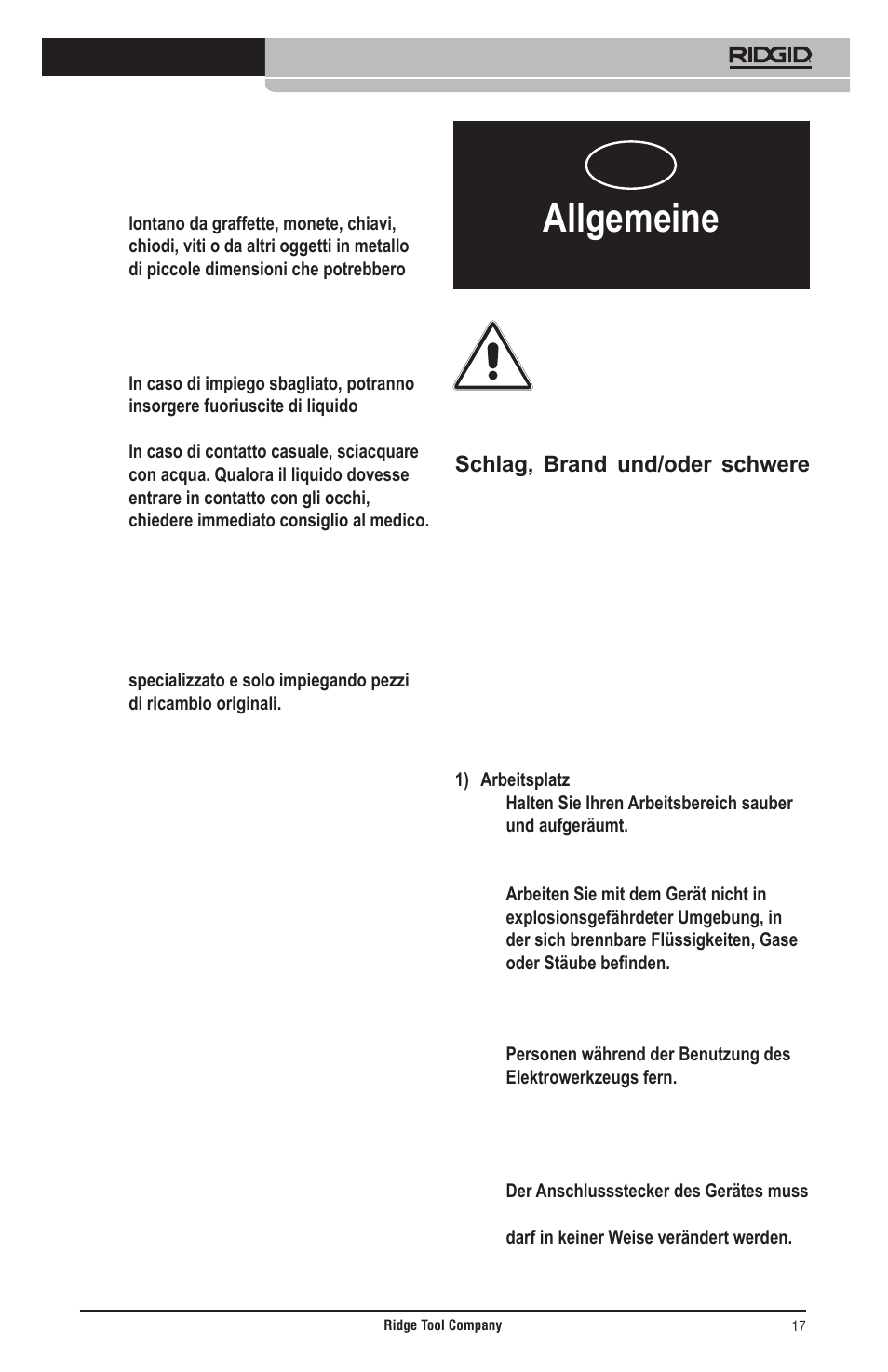 Allgemeine sicherheitshinweise | RIDGID Общие правила техники безопасности User Manual | Page 18 / 65