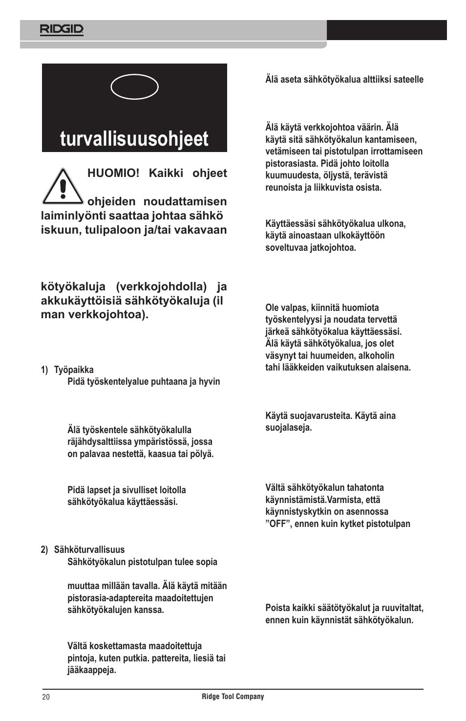 Yleiset turvallisuusohjeet | RIDGID Общие правила техники безопасности User Manual | Page 21 / 65