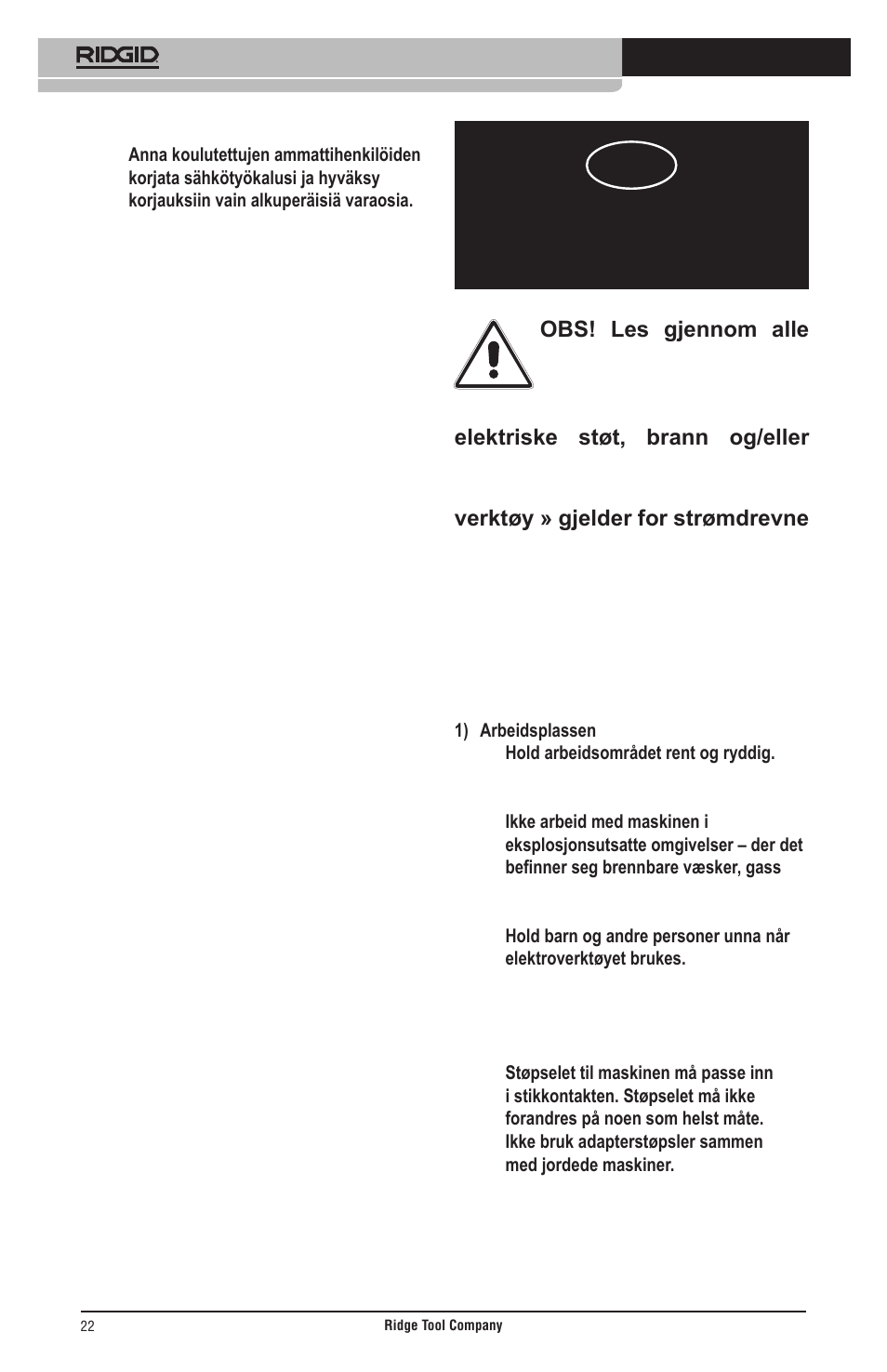 Generelle sikkerhedsinstrukser | RIDGID Общие правила техники безопасности User Manual | Page 23 / 65