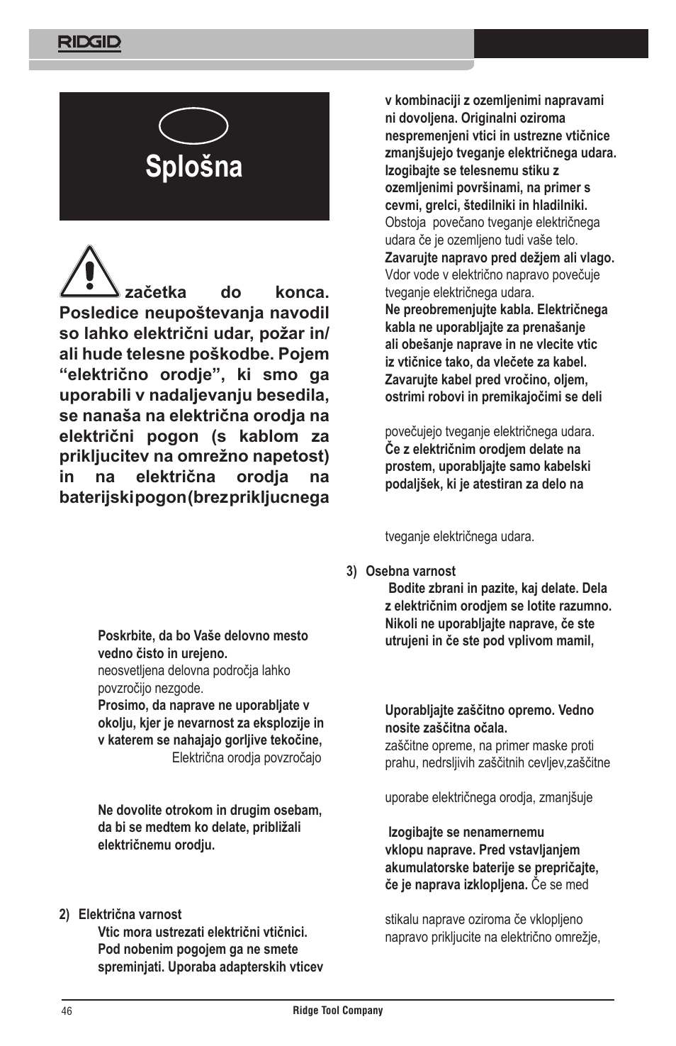 Splošna varnostna navodila | RIDGID Общие правила техники безопасности User Manual | Page 47 / 65