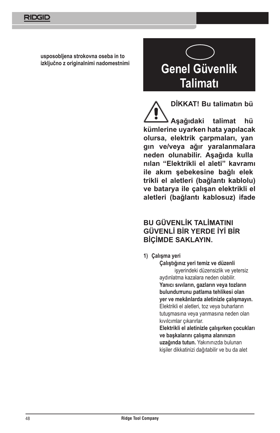 Genel güvenlik talimatı | RIDGID Общие правила техники безопасности User Manual | Page 49 / 65