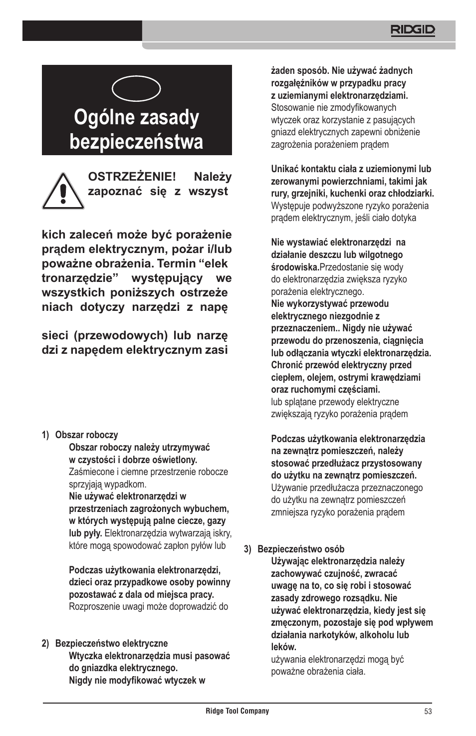 Ogólne zasady bezpieczeństwa | RIDGID Общие правила техники безопасности User Manual | Page 54 / 65