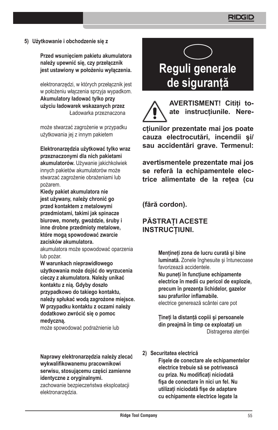 Reguli generale de siguranţă | RIDGID Общие правила техники безопасности User Manual | Page 56 / 65