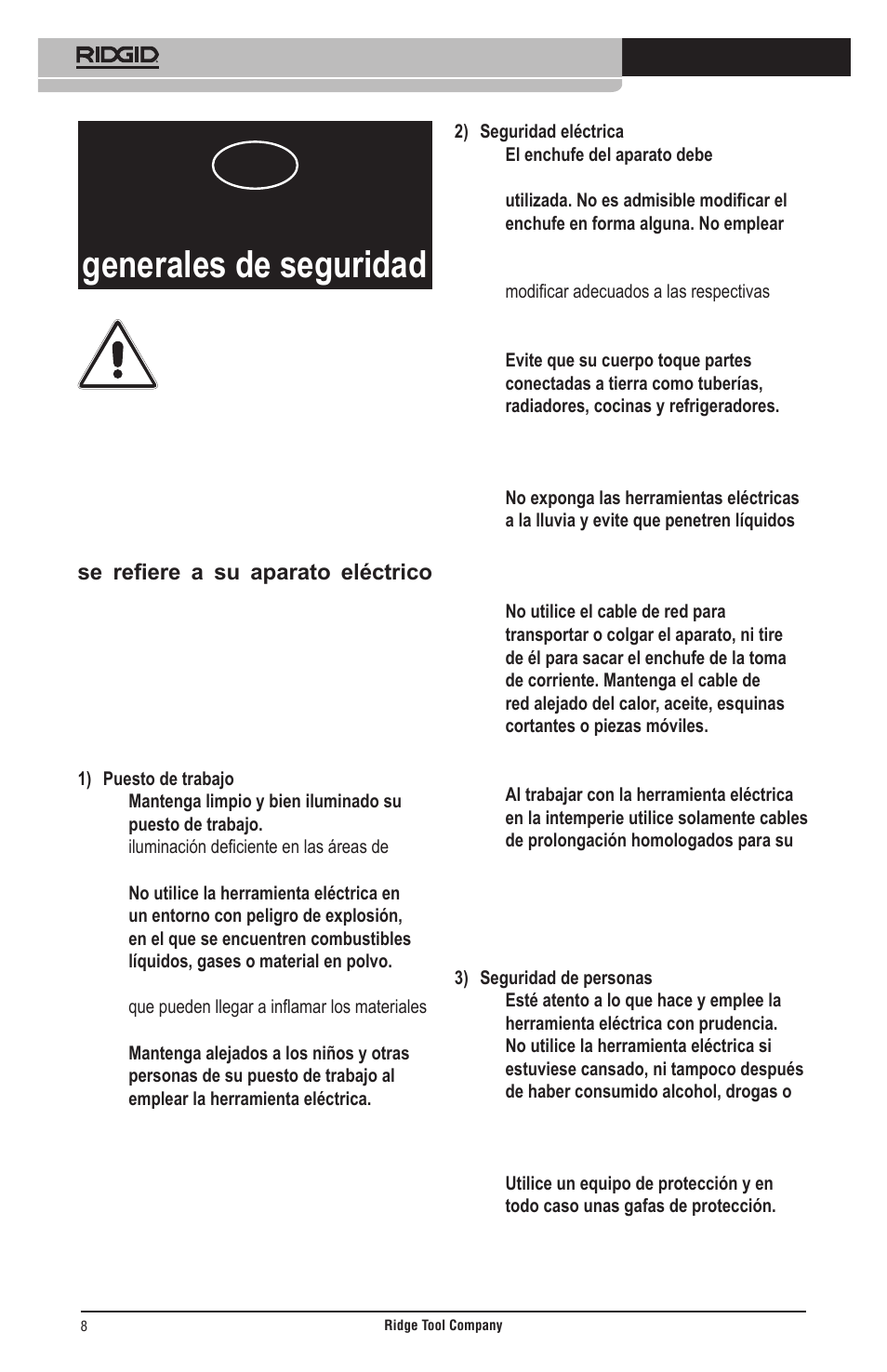 Instrucciones generales de seguridad | RIDGID Общие правила техники безопасности User Manual | Page 9 / 65