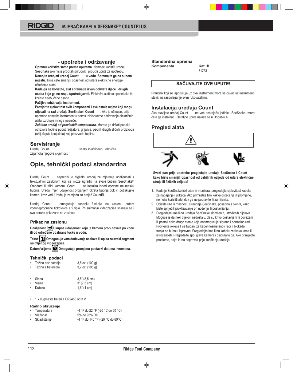 Opis, tehnički podaci standardna oprema, Count plus - upotreba i održavanje, Servisiranje | Instalacija uređaja count plus, Pregled alata | RIDGID CountPlus User Manual | Page 114 / 204