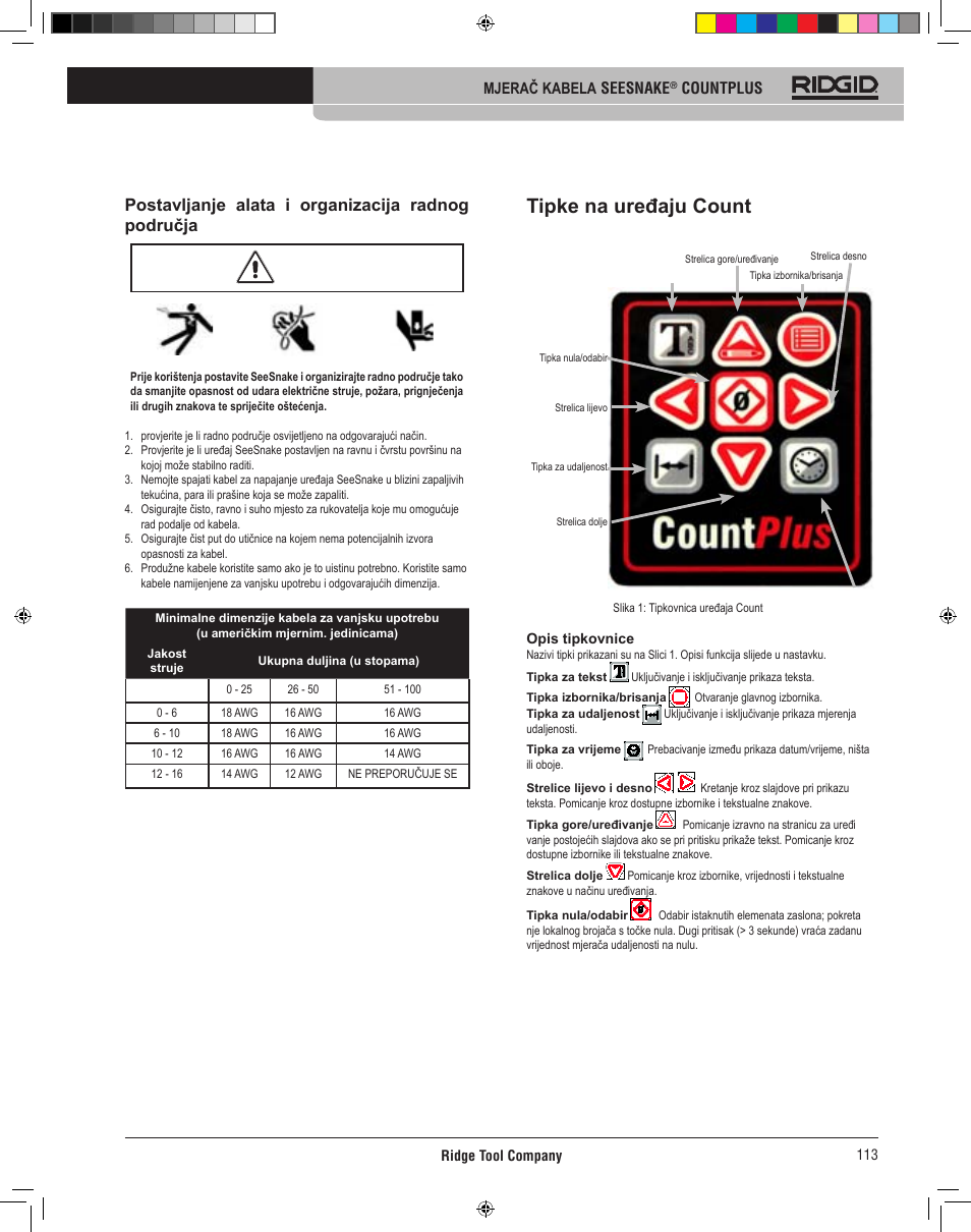 Tipke na uređaju count plus, Postavljanje alata i organizacija radnog područja | RIDGID CountPlus User Manual | Page 115 / 204