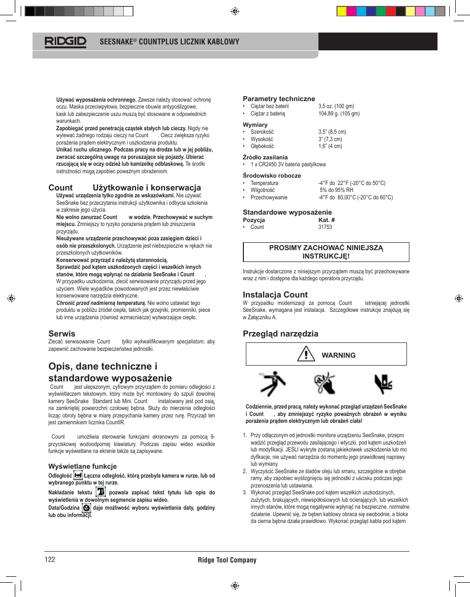 Opis, dane techniczne i standardowe wyposażenie, Count plus użytkowanie i konserwacja, Serwis | Instalacja count plus, Przegląd narzędzia | RIDGID CountPlus User Manual | Page 124 / 204