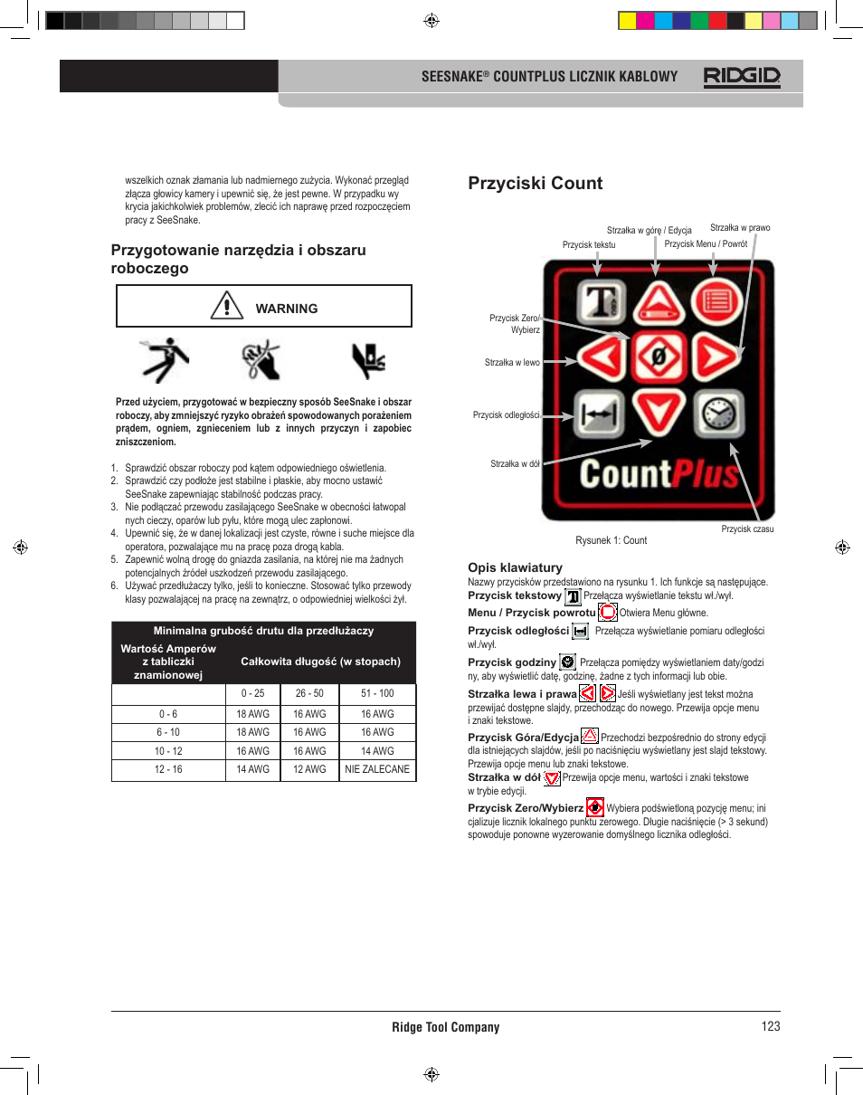 Przyciski count plus, Przygotowanie narzędzia i obszaru roboczego | RIDGID CountPlus User Manual | Page 125 / 204