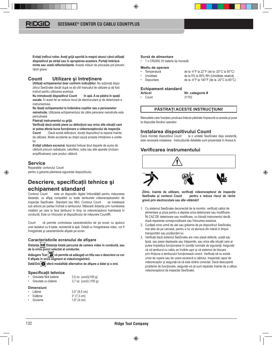 Count plus utilizare şi întreţinere, Service, Instalarea dispozitivului count plus | Verificarea instrumentului | RIDGID CountPlus User Manual | Page 134 / 204