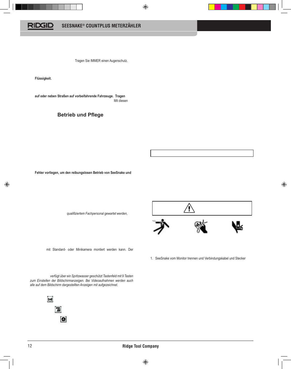 Count plus betrieb und pflege, Wartung, Count plus einbau | Kontrolle des geräts | RIDGID CountPlus User Manual | Page 14 / 204