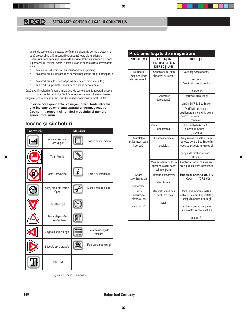 Icoane şi simboluri, Probleme legate de înregistrare | RIDGID CountPlus User Manual | Page 142 / 204