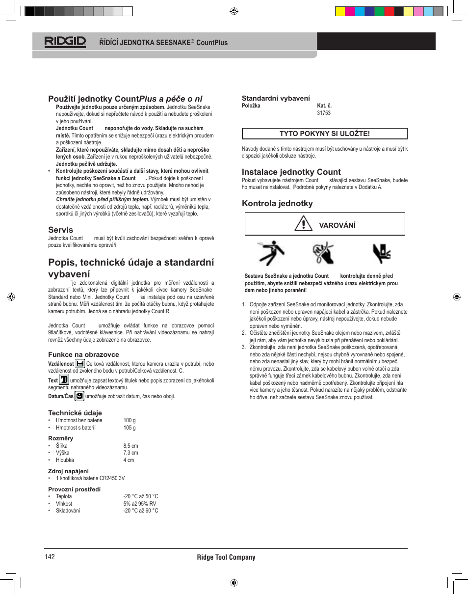 Popis, technické údaje a standardní vybavení, Použití jednotky count plus a péče o ni, Servis | Instalace jednotky count plus, Kontrola jednotky | RIDGID CountPlus User Manual | Page 144 / 204