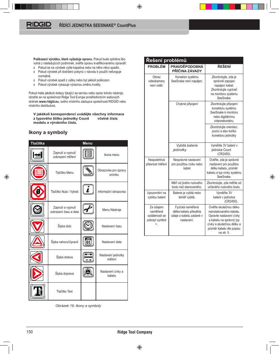 Ikony a symboly, Řešení problémů | RIDGID CountPlus User Manual | Page 152 / 204